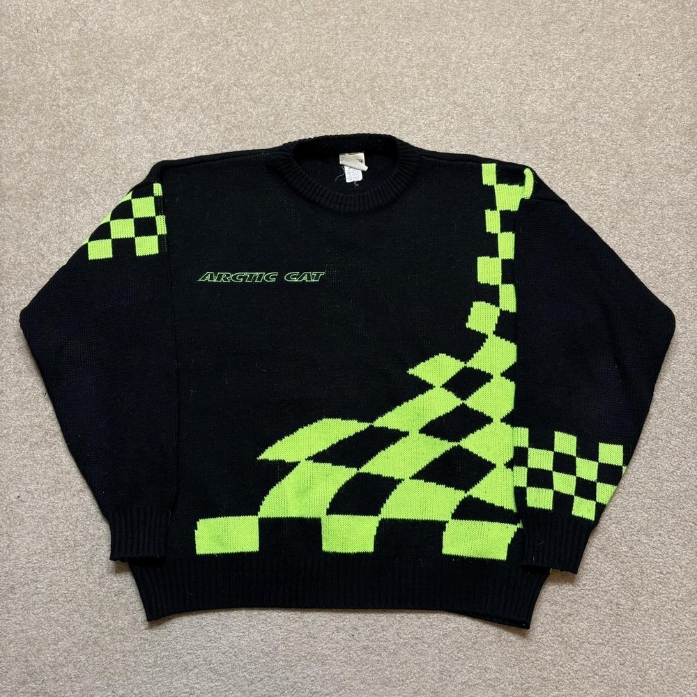 Vtg Arctic Cat Sweater Mens XL Black Arcticwear Checkered Knit Racing 90s Snow